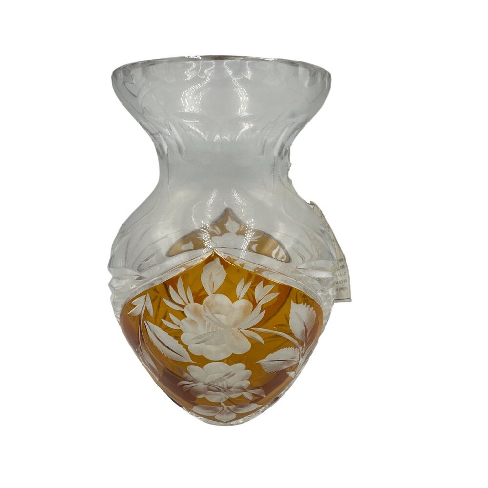 Julia Poland Hand-Cut Crystal Glass Amber Vase With Floral Motif & Etched Design
